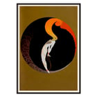 Le Gaulois artistique features an abstract design with vibrant colors. Le Gaulois artistique poster features abstract figure with fiery hair inside a dark circular frame with golden background.