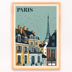 Artist Paris Travel City Poster with view of Parisian rooftops and Eiffel Tower Paris Travel City Poster colorful depiction of Parisian rooftops with Eiffel Tower in the background in an art poster style