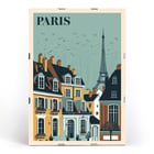 Artist Paris Travel City Poster with view of Parisian rooftops and Eiffel Tower Paris Travel City Poster colorful depiction of Parisian rooftops with Eiffel Tower in the background in an art poster style