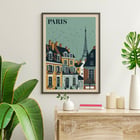 Artist Paris Travel City Poster with view of Parisian rooftops and Eiffel Tower Paris Travel City Poster colorful depiction of Parisian rooftops with Eiffel Tower in the background in an art poster style