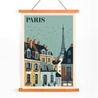Artist Paris Travel City Poster with view of Parisian rooftops and Eiffel Tower Paris Travel City Poster colorful depiction of Parisian rooftops with Eiffel Tower in the background in an art poster style