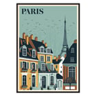 Artist Paris Travel City Poster with view of Parisian rooftops and Eiffel Tower Paris Travel City Poster colorful depiction of Parisian rooftops with Eiffel Tower in the background in an art poster style