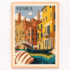 Venice Travel City Poster featuring a colorful depiction of Venice canals and architecture by artist Venice Travel City Poster Venice Travel City Poster artwork shows vibrant canal scene with gondola and historic buildings under a blue sky.