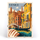 Venice Travel City Poster featuring a colorful depiction of Venice canals and architecture by artist Venice Travel City Poster Venice Travel City Poster artwork shows vibrant canal scene with gondola and historic buildings under a blue sky.