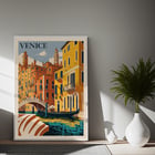 Venice Travel City Poster featuring a colorful depiction of Venice canals and architecture by artist Venice Travel City Poster Venice Travel City Poster artwork shows vibrant canal scene with gondola and historic buildings under a blue sky.