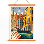 Venice Travel City Poster featuring a colorful depiction of Venice canals and architecture by artist Venice Travel City Poster Venice Travel City Poster artwork shows vibrant canal scene with gondola and historic buildings under a blue sky.