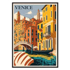 Venice Travel City Poster featuring a colorful depiction of Venice canals and architecture by artist Venice Travel City Poster Venice Travel City Poster artwork shows vibrant canal scene with gondola and historic buildings under a blue sky.