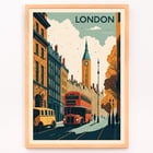 Red double-decker bus in a vintage cityscape London Travel City Poster. Poster featuring London street scene with iconic red bus and clock tower artwork titled London Travel City Poster.