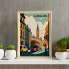 Red double-decker bus in a vintage cityscape London Travel City Poster. Poster featuring London street scene with iconic red bus and clock tower artwork titled London Travel City Poster.