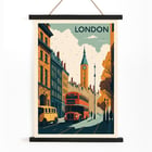Red double-decker bus in a vintage cityscape London Travel City Poster. Poster featuring London street scene with iconic red bus and clock tower artwork titled London Travel City Poster.
