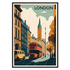 Red double-decker bus in a vintage cityscape London Travel City Poster. Poster featuring London street scene with iconic red bus and clock tower artwork titled London Travel City Poster.