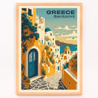 Colorful artwork of Santorini Greece with vibrant architecture by Greece Santorini Travel Poster artist. Travel poster of Santorini Greece with scenic view of white buildings and blue sea titled Santorini Travel Poster.