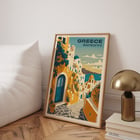 Colorful artwork of Santorini Greece with vibrant architecture by Greece Santorini Travel Poster artist. Travel poster of Santorini Greece with scenic view of white buildings and blue sea titled Santorini Travel Poster.