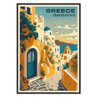 Colorful artwork of Santorini Greece with vibrant architecture by Greece Santorini Travel Poster artist. Travel poster of Santorini Greece with scenic view of white buildings and blue sea titled Santorini Travel Poster.