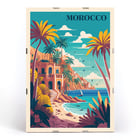 Colorful coastal landscape with palm trees from the artwork Morocco Travel Poster by the artist. Morocco Travel Poster featuring a vibrant coastal landscape with palm trees and a Mediterranean style building by the sea