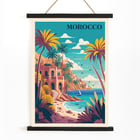 Colorful coastal landscape with palm trees from the artwork Morocco Travel Poster by the artist. Morocco Travel Poster featuring a vibrant coastal landscape with palm trees and a Mediterranean style building by the sea