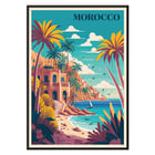 Colorful coastal landscape with palm trees from the artwork Morocco Travel Poster by the artist. Morocco Travel Poster featuring a vibrant coastal landscape with palm trees and a Mediterranean style building by the sea