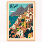 Italy Travel Poster featuring Amalfi coast with colorful buildings and sailboat artwork. Italy Travel Poster features Amalfi coast with colorful houses and sea in the background artwork titled Amalfi.