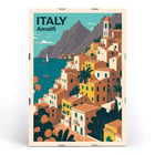 Italy Travel Poster featuring Amalfi coast with colorful buildings and sailboat artwork. Italy Travel Poster features Amalfi coast with colorful houses and sea in the background artwork titled Amalfi.