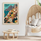 Italy Travel Poster featuring Amalfi coast with colorful buildings and sailboat artwork. Italy Travel Poster features Amalfi coast with colorful houses and sea in the background artwork titled Amalfi.