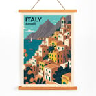 Italy Travel Poster featuring Amalfi coast with colorful buildings and sailboat artwork. Italy Travel Poster features Amalfi coast with colorful houses and sea in the background artwork titled Amalfi.