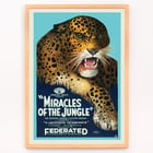 Poster mit einem wilden Leoparden aus „Miracles of the Jungle“ von EA Martin Selig Studios. Poster mit dem Titel „Miracles of the Jungle“ zeigt einen brüllenden Leoparden mit auffälligen grünen Augen und fettem Text vor blauem Hintergrund.