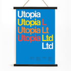 Farbenfrohes typografisches Design von Dietmar Winkler im Artwork von Utopia Ltd. Poster mit farbenfroher Typografie der Worte Utopia Ltd auf blauem Hintergrund vom Künstler Dietmar Winkler, Kunstwerk Utopia Ltd