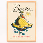 Books the Best Gifts by Edward Arthur Wilson vibrant illustration with readers on a globe and celestial motifs Poster titled Books the best gifts by Edward Arthur Wilson showcasing a whimsical illustration with readers on a globe.
