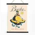 Books the Best Gifts by Edward Arthur Wilson vibrant illustration with readers on a globe and celestial motifs Poster titled Books the best gifts by Edward Arthur Wilson showcasing a whimsical illustration with readers on a globe.
