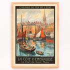 Colorful vintage travel poster of Saint-Malo harbor by artist Mourgue titled La côte d’Émeraude Le Port de Saint-Malo. Poster of La côte d’Émeraude Le Port de Saint-Malo by Maurice Toussaint featuring sailing boats in a vibrant harbor scene