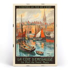 Colorful vintage travel poster of Saint-Malo harbor by artist Mourgue titled La côte d’Émeraude Le Port de Saint-Malo. Poster of La côte d’Émeraude Le Port de Saint-Malo by Maurice Toussaint featuring sailing boats in a vibrant harbor scene