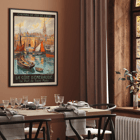 Colorful vintage travel poster of Saint-Malo harbor by artist Mourgue titled La côte d’Émeraude Le Port de Saint-Malo. Poster of La côte d’Émeraude Le Port de Saint-Malo by Maurice Toussaint featuring sailing boats in a vibrant harbor scene