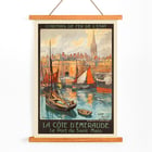 Colorful vintage travel poster of Saint-Malo harbor by artist Mourgue titled La côte d’Émeraude Le Port de Saint-Malo. Poster of La côte d’Émeraude Le Port de Saint-Malo by Maurice Toussaint featuring sailing boats in a vibrant harbor scene