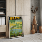 Scenic Brazilian landscape with Sugarloaf Mountain by Waldomiro Goncalves Christino titled Brazil 1. Vintage travel poster art for Brazil featuring Sugarloaf Mountain and palm trees Brazil 1 by Waldomiro Goncalves Christino