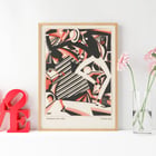 Dynamic abstract illustration featuring dance movement by Winold Reiss from Drawing in Two Colors. Art Deco poster featuring an abstract design with dynamic figures in black and red titled Drawing in two colors by Winold Reiss