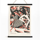 Dynamic abstract illustration featuring dance movement by Winold Reiss from Drawing in Two Colors. Art Deco poster featuring an abstract design with dynamic figures in black and red titled Drawing in two colors by Winold Reiss