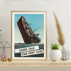 Loose Talk Can Cost Lives artwork by Stevan Dohanos featuring a sinking ship with sailors in lifeboats. Poster by Stevan Dohanos depicting a sinking ship with lifeboats and the message Loose Talk Can Cost Lives
