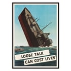 Loose Talk Can Cost Lives artwork by Stevan Dohanos featuring a sinking ship with sailors in lifeboats. Poster by Stevan Dohanos depicting a sinking ship with lifeboats and the message Loose Talk Can Cost Lives