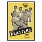 Das Vintage-Musikposter von The Platters, Kunstwerk von Les Platters. Poster mit The Platters und dem Artwork-Titel „The Platters“ tanzend und lächelnd vor einem gelben Hintergrund für Barclay Disques.