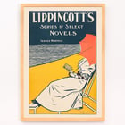 Woman reading under a red umbrella by the beach by William Carqueville for Lippincott’s Series of Select Novels Poster of Lippincott’s Series of Select Novels by William Carqueville featuring a person reading under an umbrella by the water.