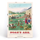 Illustration of animals boarding the ark in Noah’s Ark by H C Tunison Poster of Noah's Ark by H. C. Tunison depicting various animals boarding large wooden ark with mountains and palm trees in background.