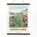 Illustration of animals boarding the ark in Noah’s Ark by H C Tunison Poster of Noah's Ark by H. C. Tunison depicting various animals boarding large wooden ark with mountains and palm trees in background.