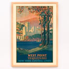 Painting of West Point United States Military Academy in the highlands of the Hudson by Frank Hazell. A colorful poster by Frank Hazell depicting West Point Military Academy by the Hudson River surrounded by trees and mountains.