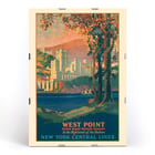 Painting of West Point United States Military Academy in the highlands of the Hudson by Frank Hazell. A colorful poster by Frank Hazell depicting West Point Military Academy by the Hudson River surrounded by trees and mountains.