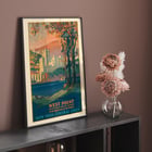 Painting of West Point United States Military Academy in the highlands of the Hudson by Frank Hazell. A colorful poster by Frank Hazell depicting West Point Military Academy by the Hudson River surrounded by trees and mountains.