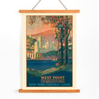 Painting of West Point United States Military Academy in the highlands of the Hudson by Frank Hazell. A colorful poster by Frank Hazell depicting West Point Military Academy by the Hudson River surrounded by trees and mountains.