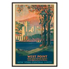 Painting of West Point United States Military Academy in the highlands of the Hudson by Frank Hazell. A colorful poster by Frank Hazell depicting West Point Military Academy by the Hudson River surrounded by trees and mountains.