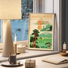 Scenic green mountainous landscape with trees by Japanese Railways exemplified in Kirishima Kagoshim Prefecture Retreat of Spirits Poster of Kirishima Kagoshim Prefecture Retreat of Spirits by Japanese Railways featuring vibrant trees mountains and a temple.