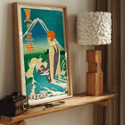 Japanese woman at the beach with Mount Fuji in the background Summer at Miho Peninsula by Nagoya Rail Agency Poster of a woman in a bathing suit with an orange cap, sitting in waves with a mountain in the background by Nagoya Rail Agency Summer at Miho Peninsula