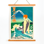 Japanese woman at the beach with Mount Fuji in the background Summer at Miho Peninsula by Nagoya Rail Agency Poster of a woman in a bathing suit with an orange cap, sitting in waves with a mountain in the background by Nagoya Rail Agency Summer at Miho Peninsula